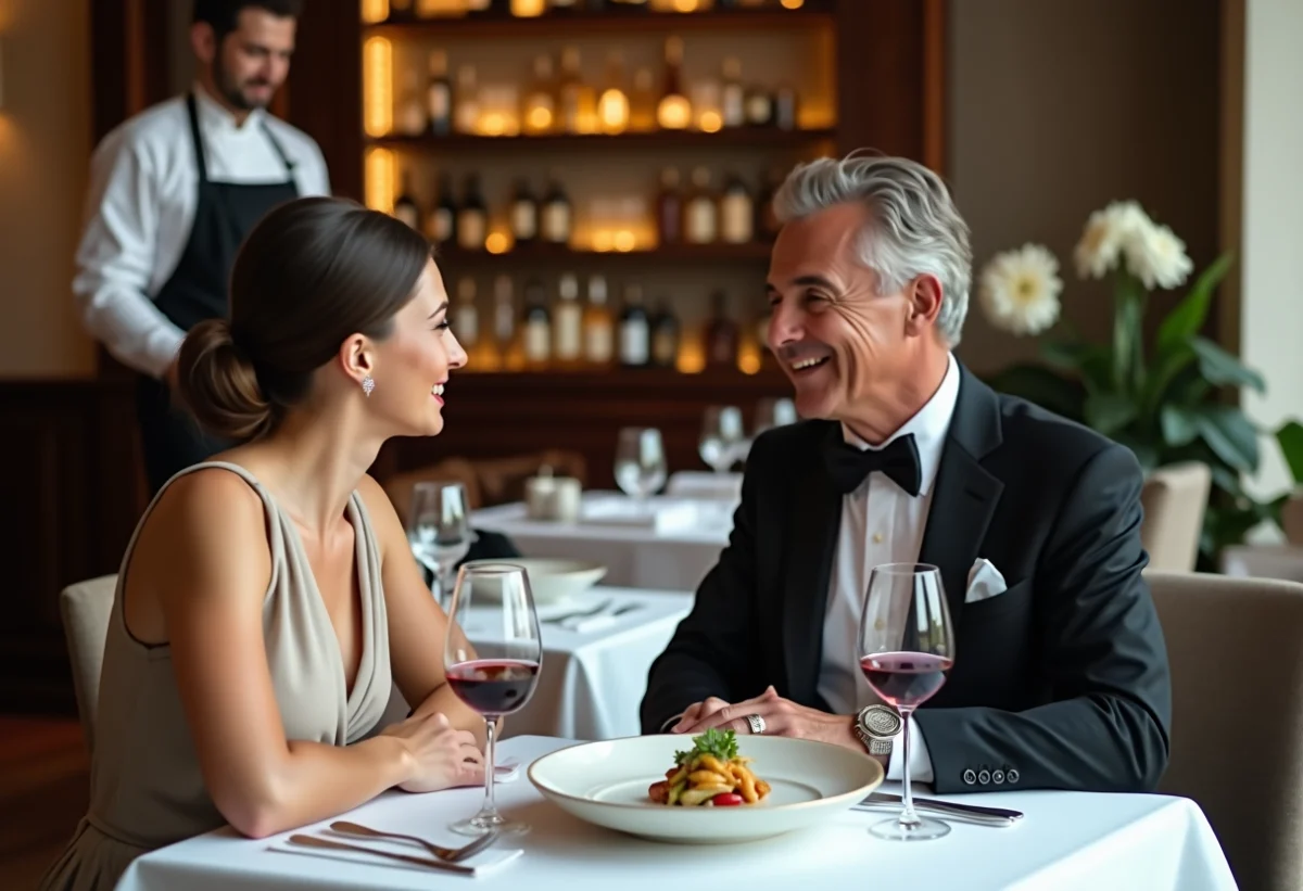 Couple élégant dégustant un repas sophistiqué dans un restaurant