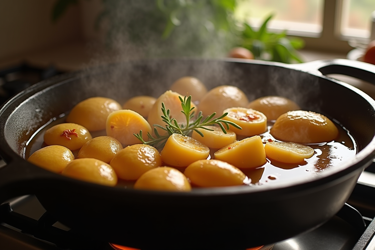 Diots de Savoie mijotant dans une cocotte avec pommes de terre et herbes