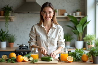 Femme préparant une eau infusée aux agrumes et concombre dans la cuisine