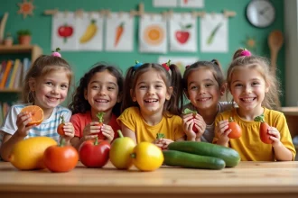 Enfants souriants autour d'un tableau avec des légumes Z
