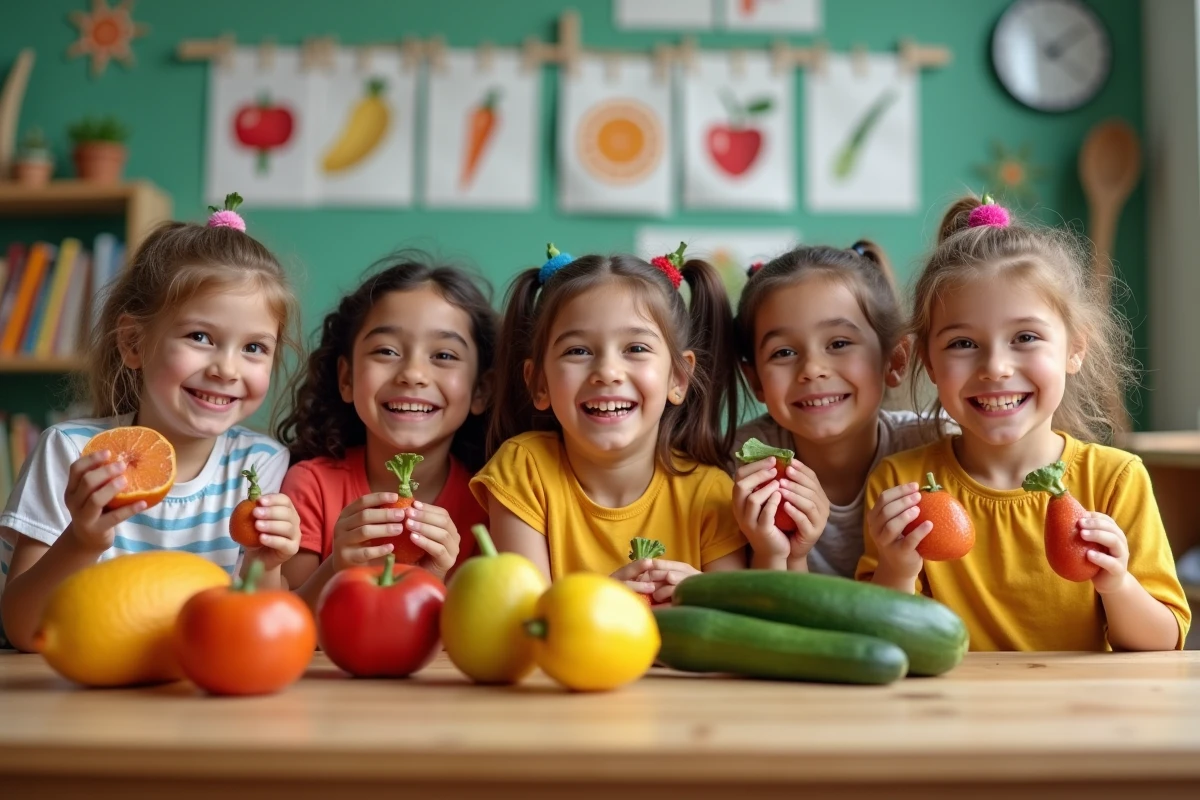 Enfants souriants autour d'un tableau avec des légumes Z