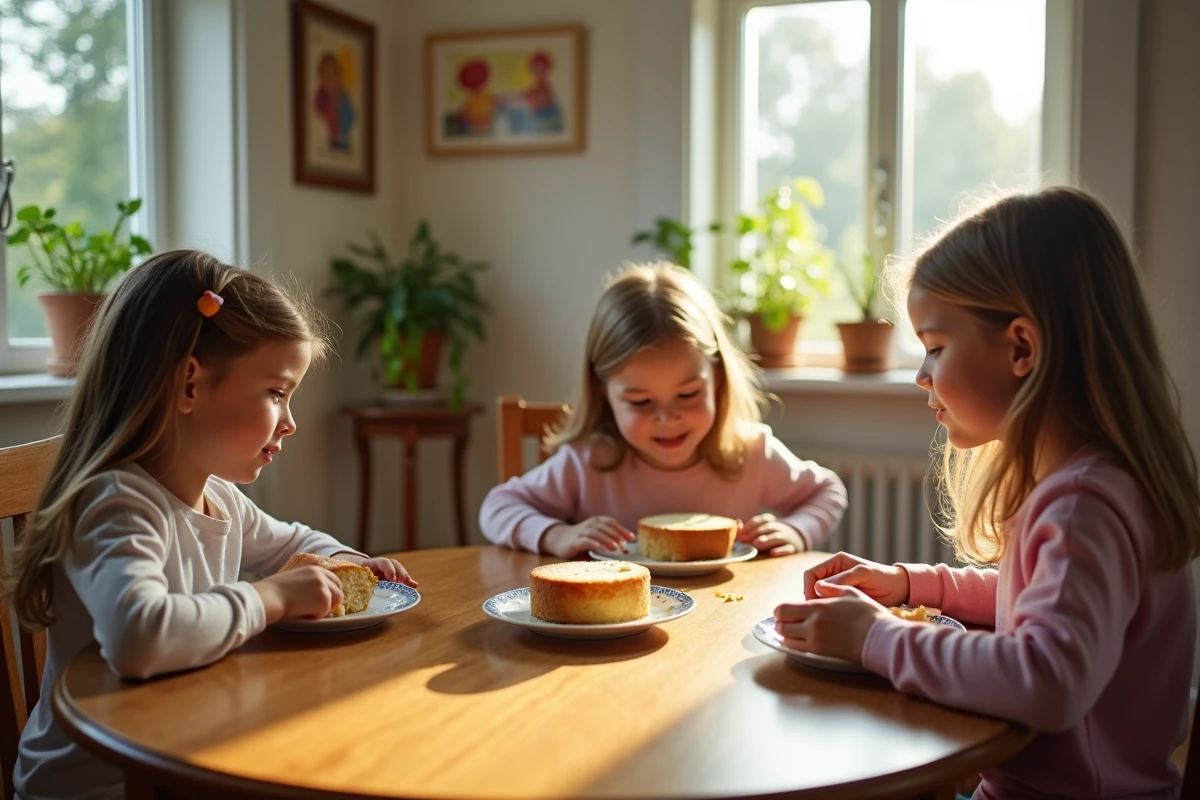 Enfants dégustant des parts de gâteau aux pommes à la table