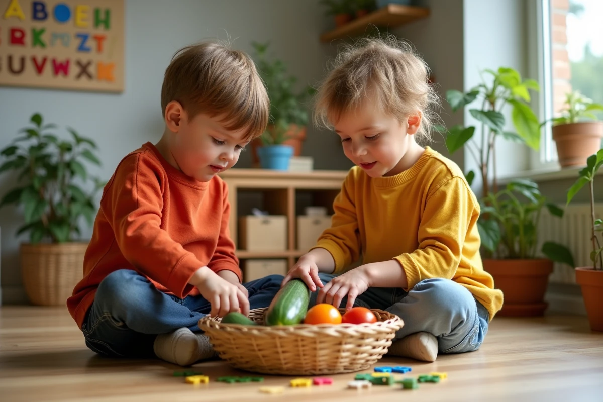 Deux enfants triant des légumes dans un panier avec matériel éducatif