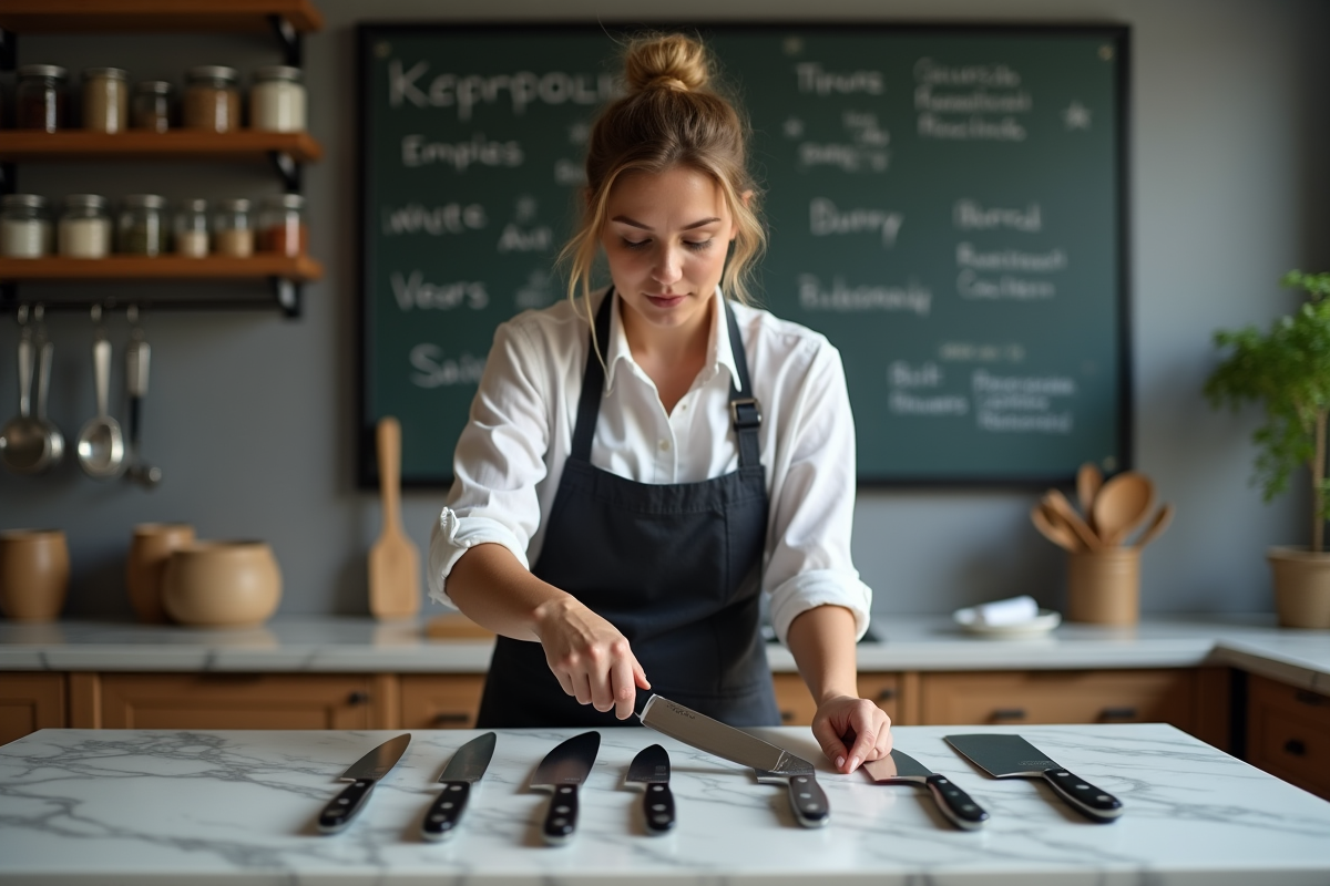Etudiante en cuisine inspectant des couteaux sur planche en marbre