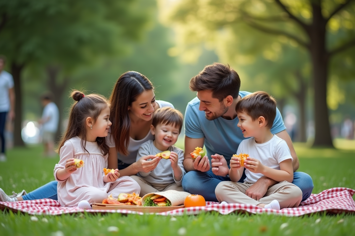 Famille profitant d un pique nique dans un parc ensoleille