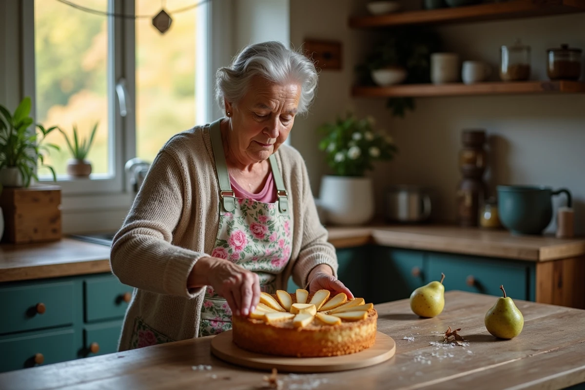 Femme âgée préparant un gâteau aux poires dans la cuisine