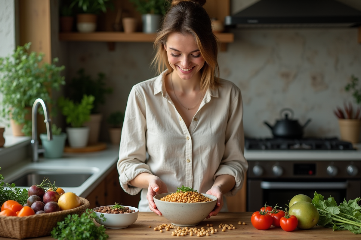 Jeune femme arrangeant un bol de lentilles et légumes dans la cuisine