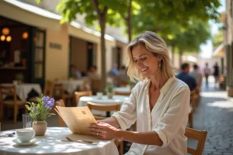 Femme détendue dans un café à Hyères avec menu local