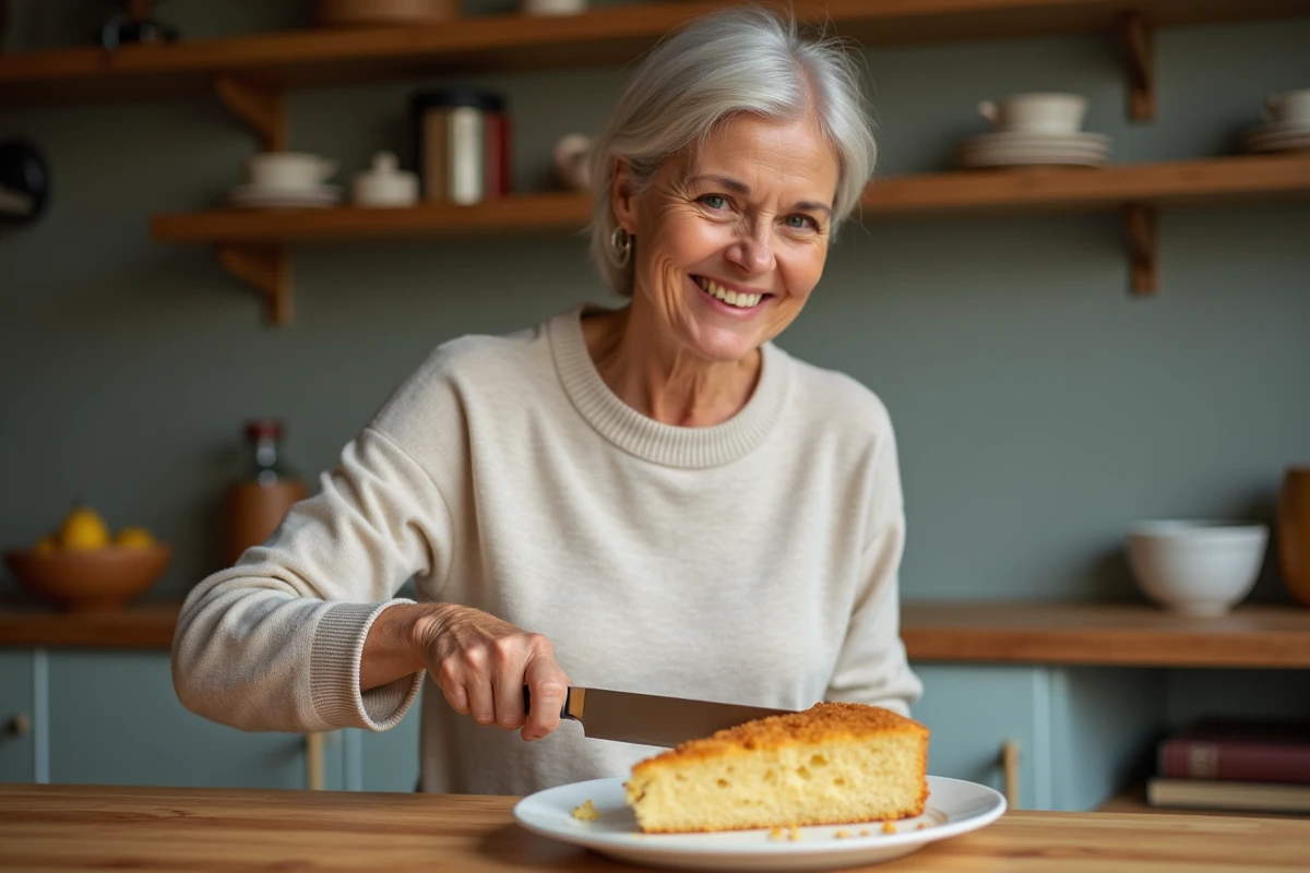 Femme souriante coupant un gâteau au yaourt aux pommes dans une cuisine chaleureuse