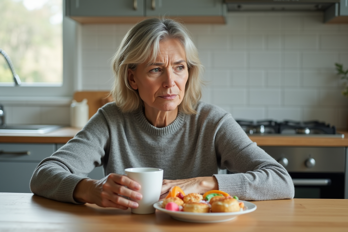 Femme d'âge moyen assise à la cuisine avec un petit déjeuner coloré