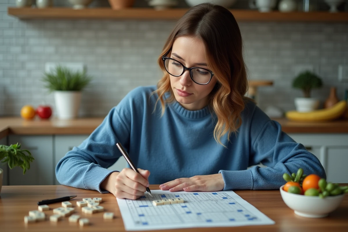 Femme écrivant Vetch sur un puzzle dans la cuisine