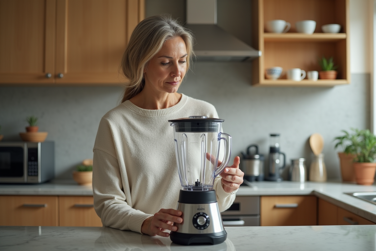 Femme examinant un blender dans sa cuisine chaleureuse