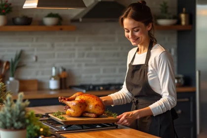 Femme souriante en cuisine vérifiant un chapon doré