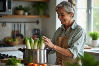 Femme souriante avec cocotte d'endives dans la cuisine