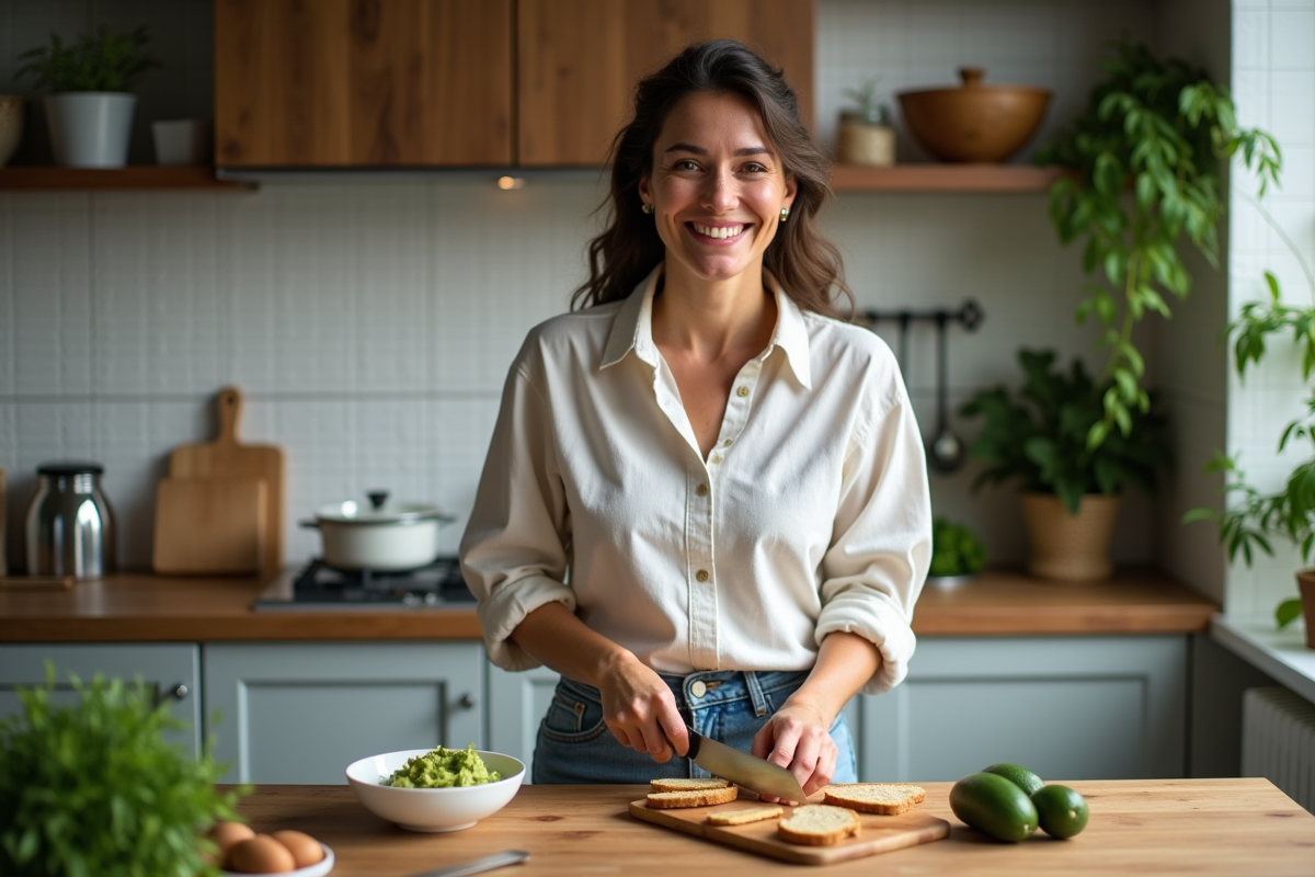 Femme souriante coupant du crispbread à l'avocat dans la cuisine
