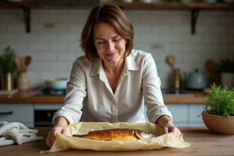 Femme découvrant un poisson en papillote dans une cuisine chaleureuse