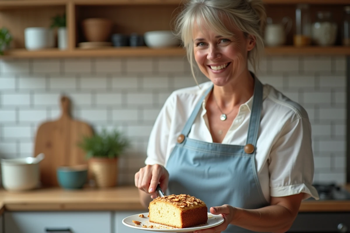 Femme souriante coupant un gâteau aux amandes dans la cuisine