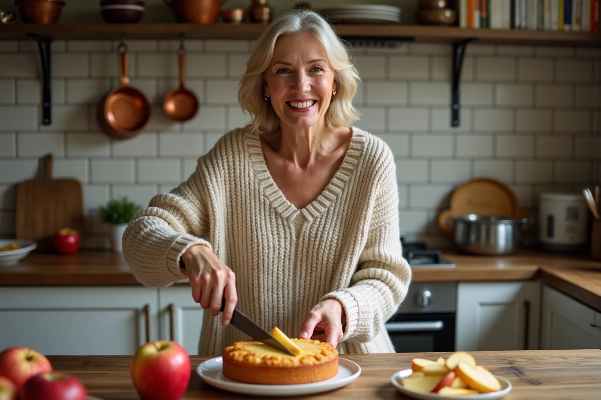 Femme souriante coupant un gâteau aux pommes dans la cuisine chaleureuse