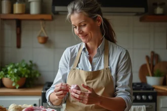 Femme française inspectant un testicule d'agneau dans la cuisine