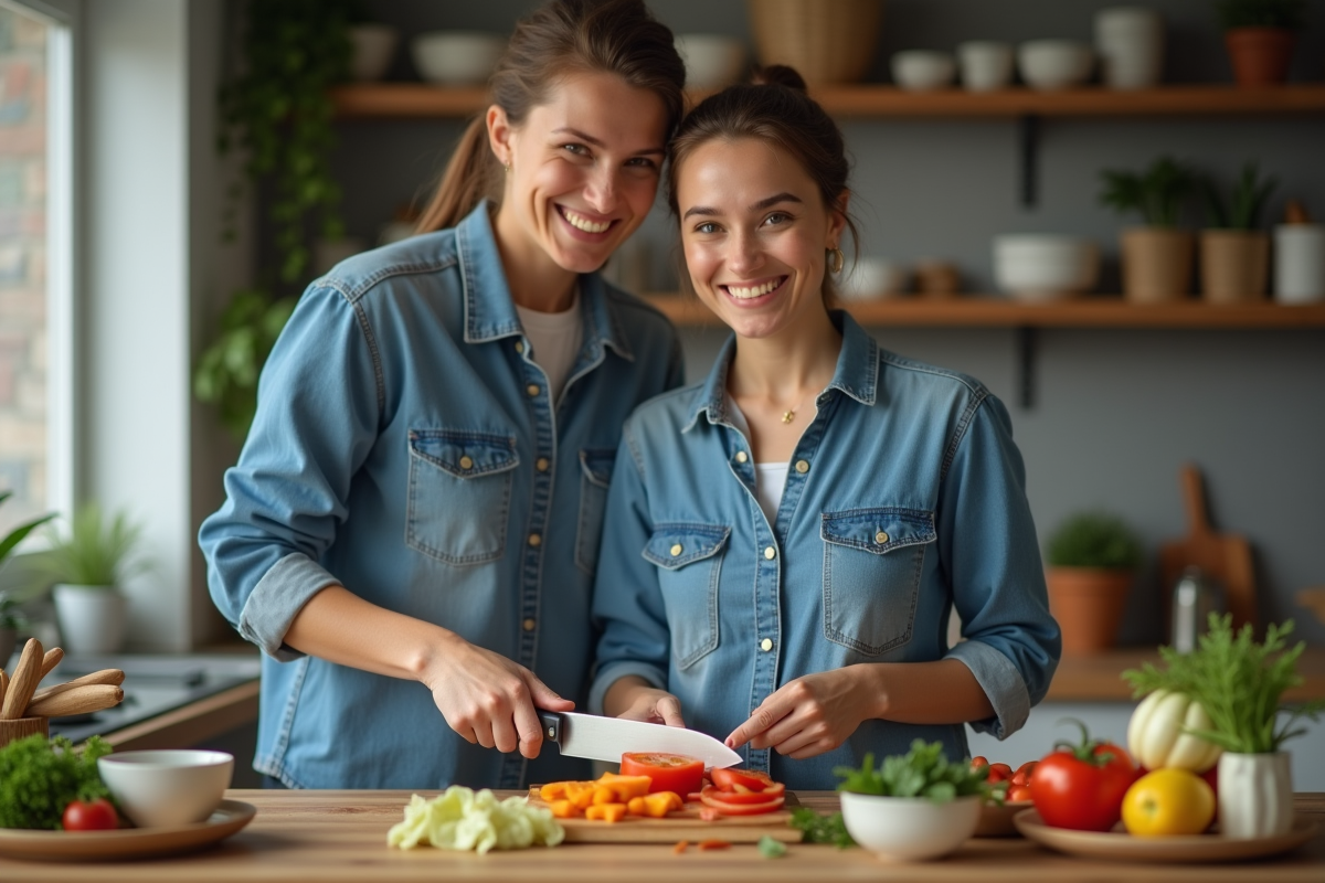 Femme souriante en cuisine préparant des légumes frais
