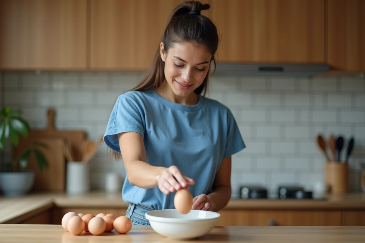 Femme dans la cuisine déposant un œuf dans un bol d'eau