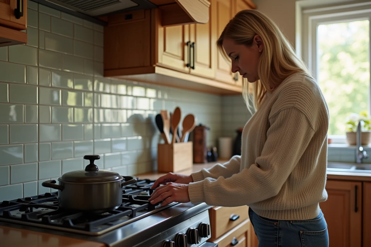 Femme examinant le panneau de contrôle d'un four traditionnel dans la cuisine