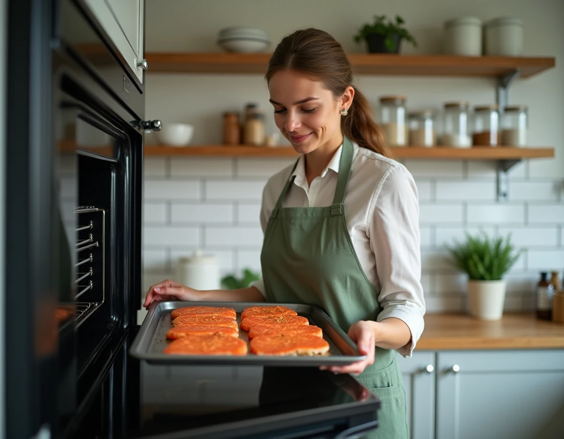 Femme cuisinant des peaux de saumon au four dans une cuisine moderne et lumineuse