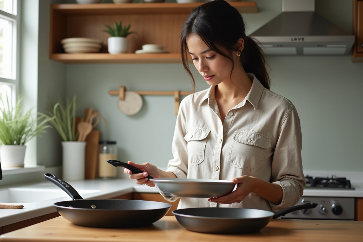 Femme comparant différentes poeles dans la cuisine