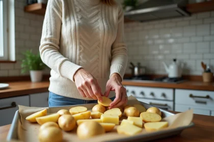 Femme préparant des pommes de terre dans la cuisine lumineuse