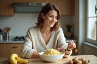 Femme assise à la cuisine avec banane et riz
