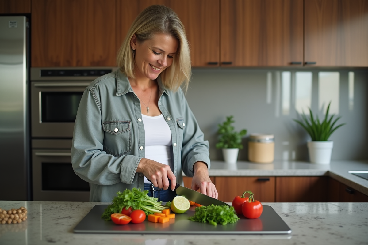 Femme tranchant des légumes frais sur un plan de travail moderne