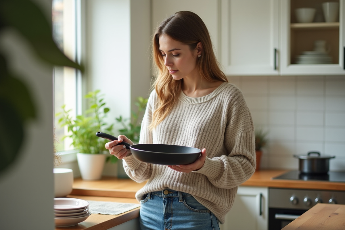 Jeune femme examine une poêle en céramique dans la cuisine