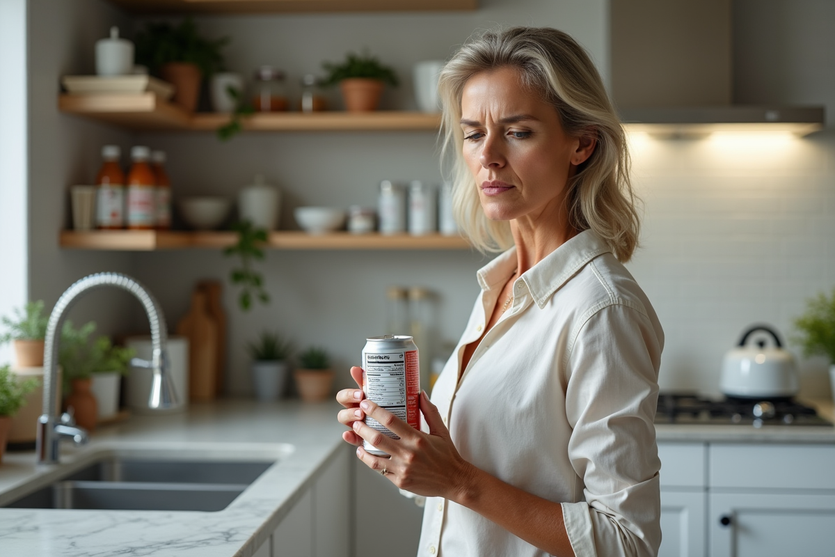 Femme examinant une étiquette de soda dans une cuisine moderne