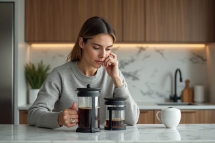 Femme contemplant deux cafetières françaises modernes