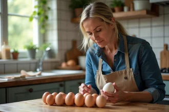 Femme en cuisine rustique examinant des œufs avec attention