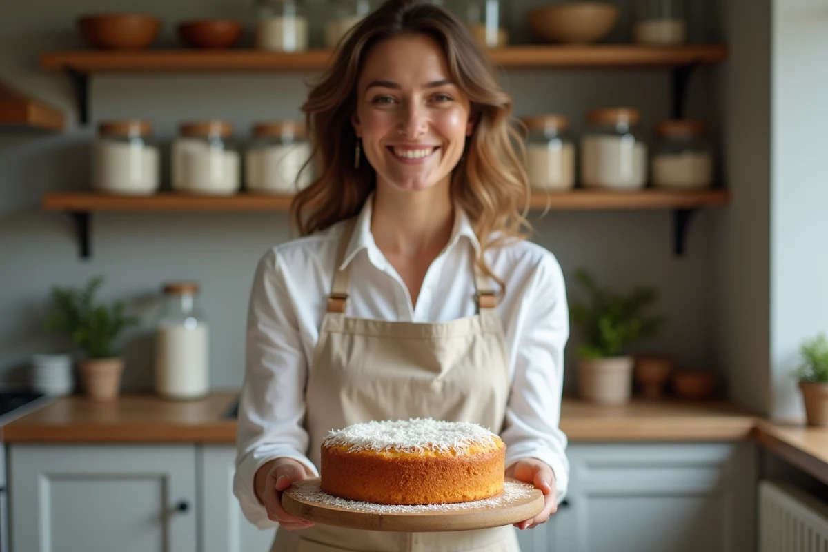 Femme souriante tenant un gâteau à la noix de coco sans beurre fait maison dans une cuisine chaleureuse, portant un tablier en lin beige