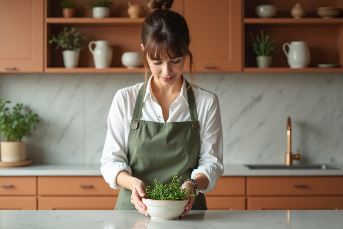 Femme arrangeant des herbes fraîches dans une cuisine moderne
