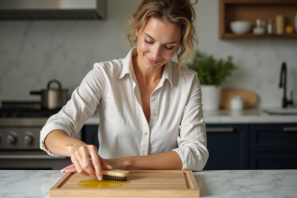 Femme appliquant de l'huile d'olive sur une planche en bois