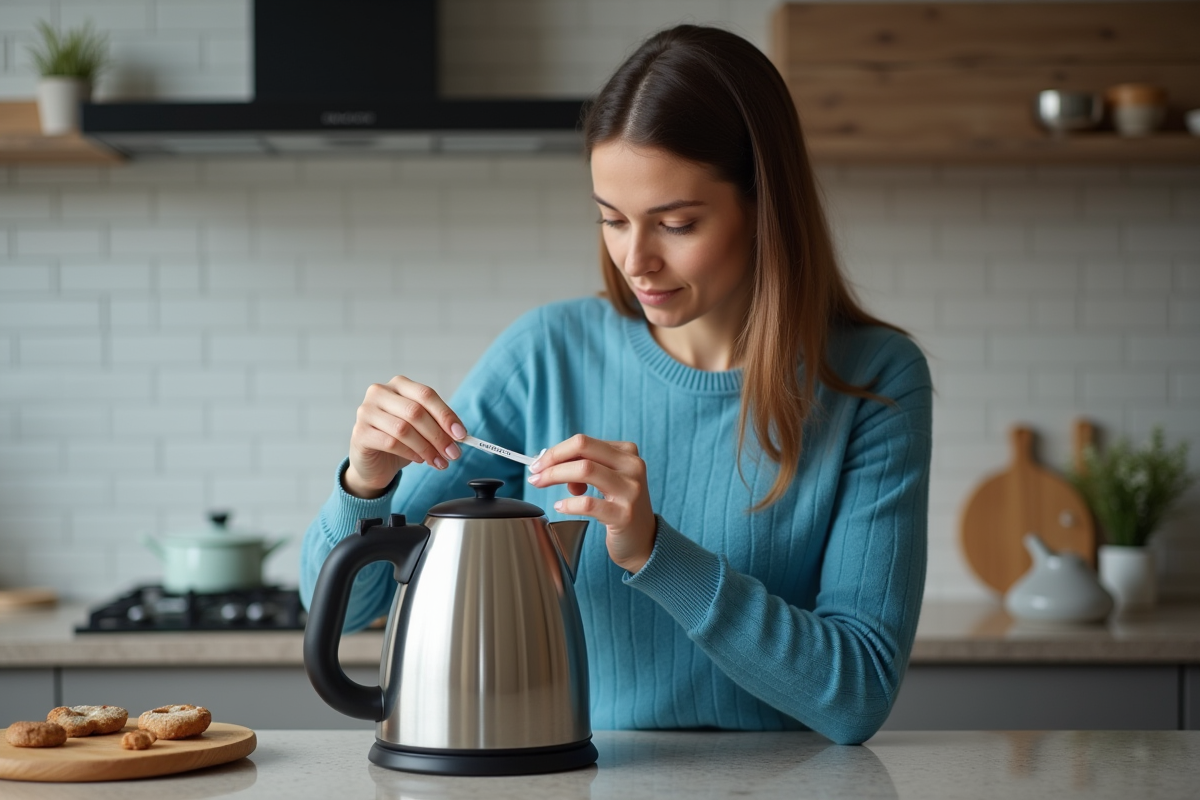 Femme vérifiant la base d'une bouilloire électrique en cuisine