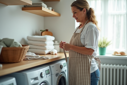 Femme dans la laverie en train de dénouer un tablier à carreaux