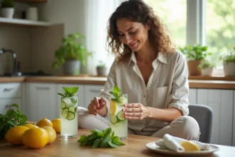 Femme en loungewear préparant une eau infusée dans une cuisine lumineuse