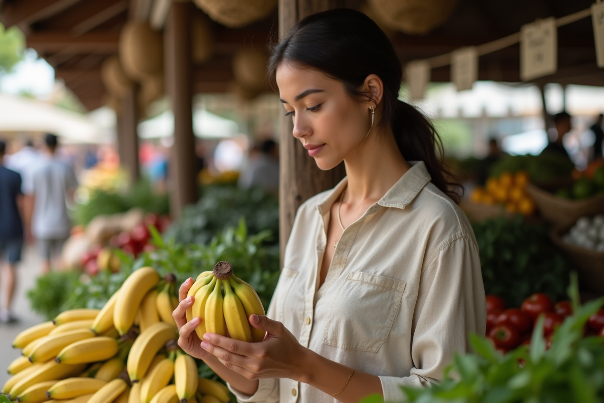 Femme examinant des bananes bio au marché local
