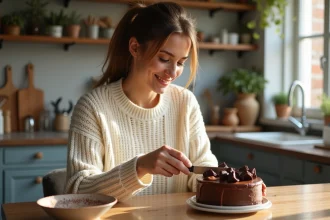 Femme souriante avec gâteau marron et chocolat