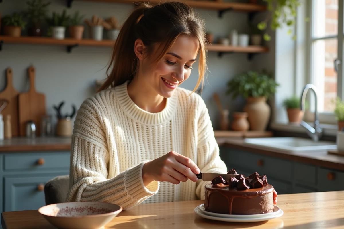 Femme souriante avec gâteau marron et chocolat