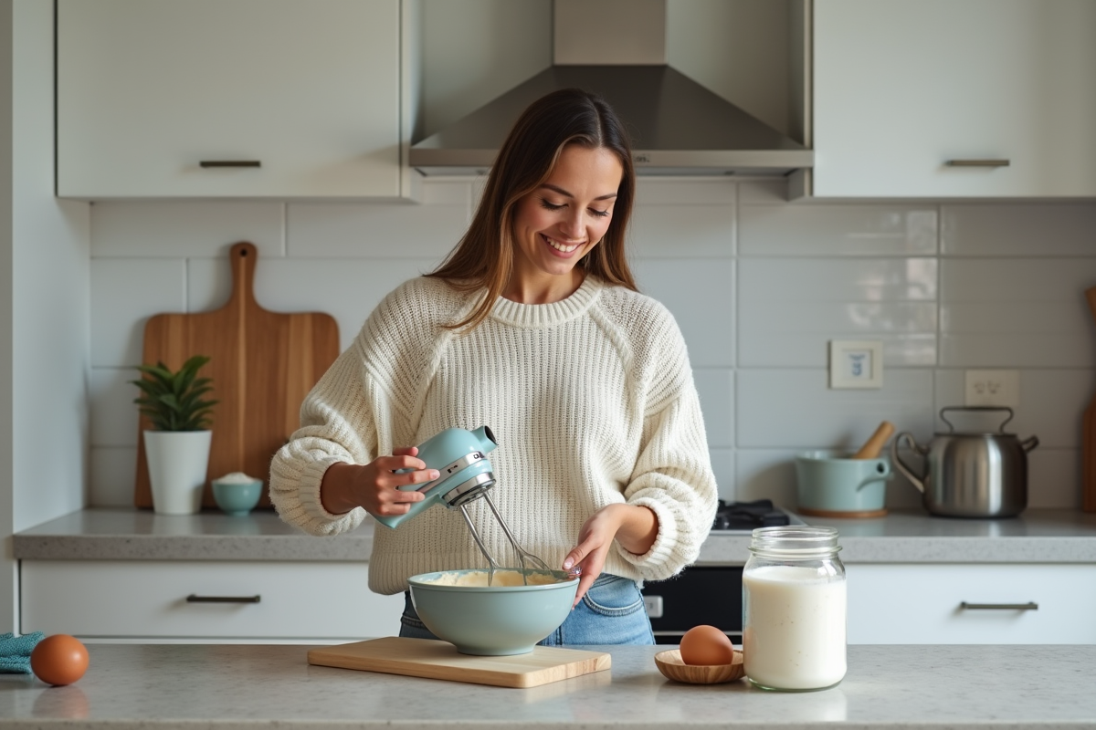 Femme en cuisine utilisant un mixeur à main pour préparer un gâteau