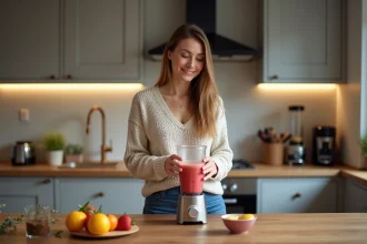 Femme préparant un smoothie dans une cuisine moderne