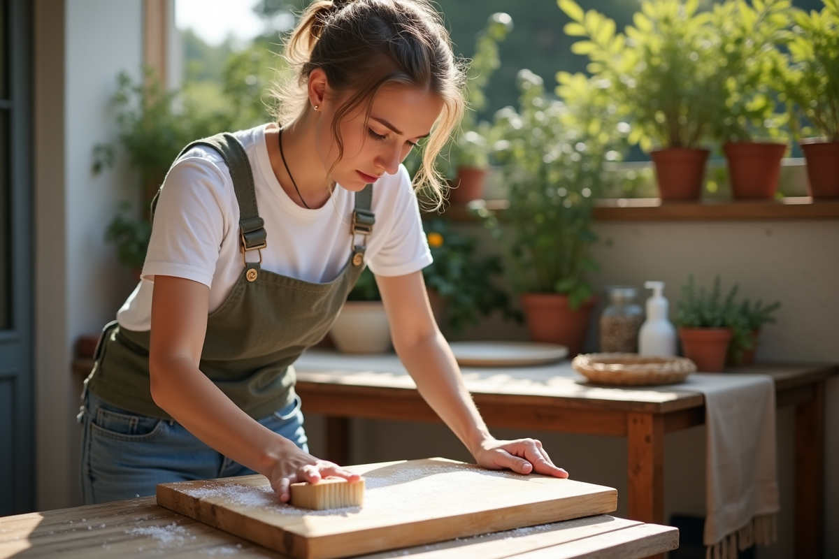 Jeune femme nettoyant une planche en bois avec sel et brosse