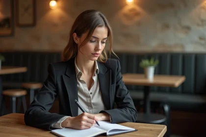 Femme française réfléchissant dans un café parisien