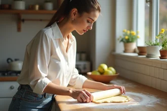 Femme en cuisine préparant la pâte à tarte dans une cuisine lumineuse