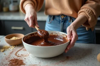 Femme mélangeant pâte au chocolat dans une cuisine moderne
